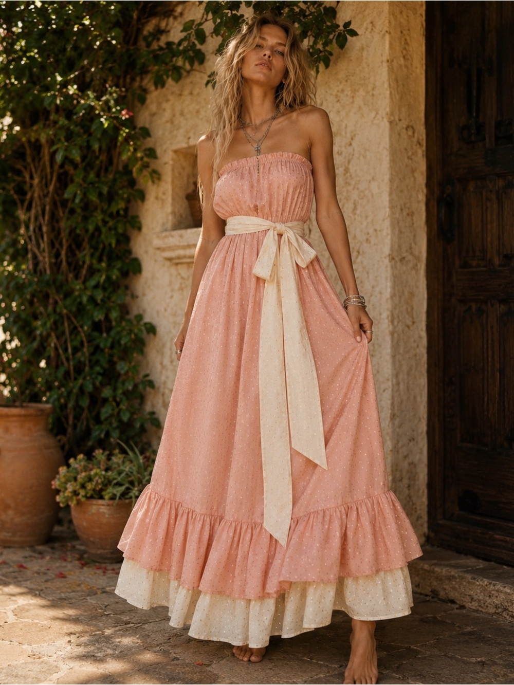 Handmade Strapless Prairie Maxi Dress Pink Cream Ruffle Hem Cottagecore Boho - Picture 2 of 10